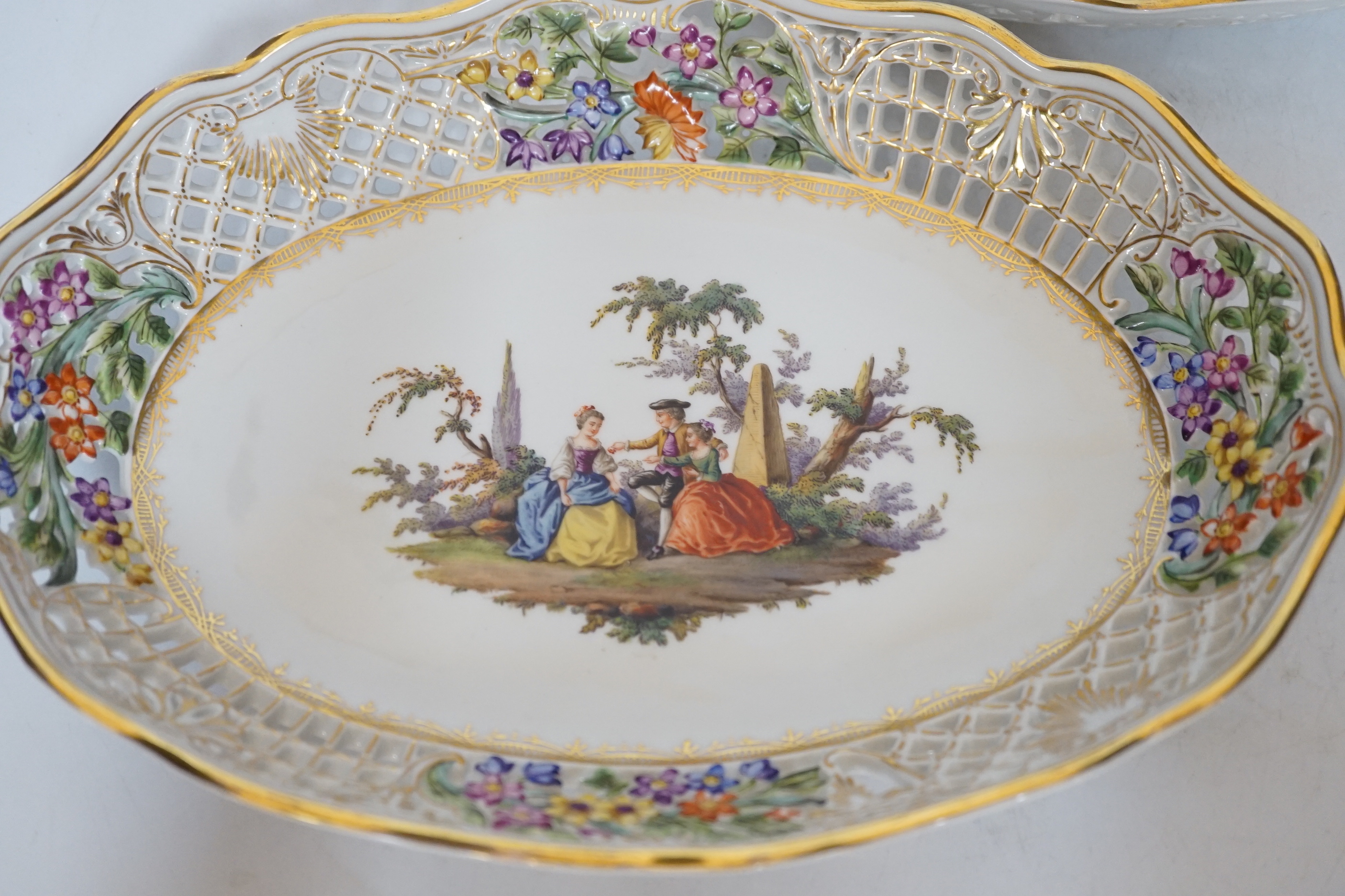 A pair of Meissen oval reticulated dishes, 28cm diameter